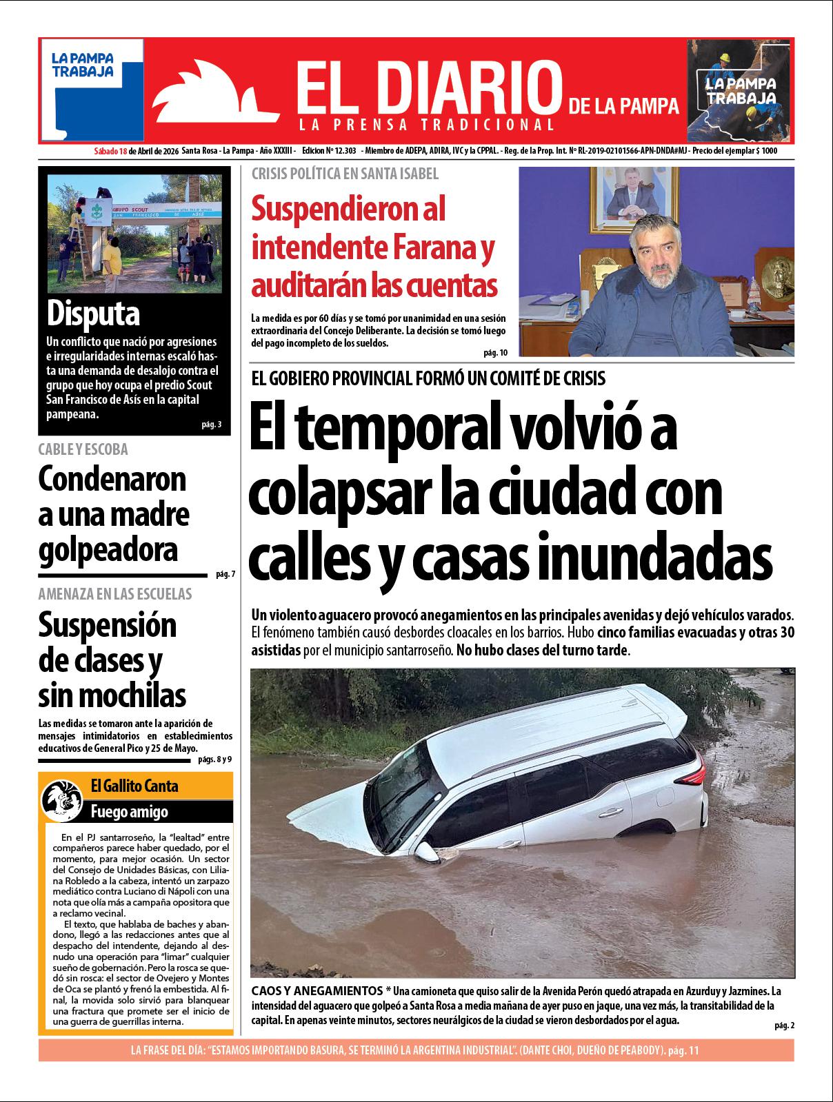 Tapa de El Diario en papel  saacutebado 18 de abril de 2026